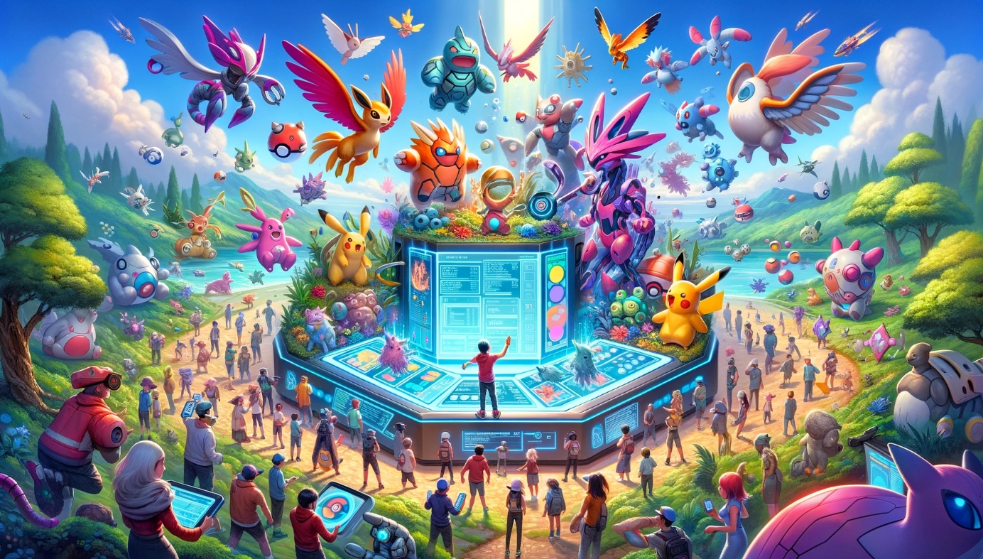 'Two Pokemon characters merging in a digital fusion process'